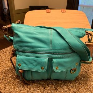 Fossil Morgan Leather Turquoise Traveler Bag